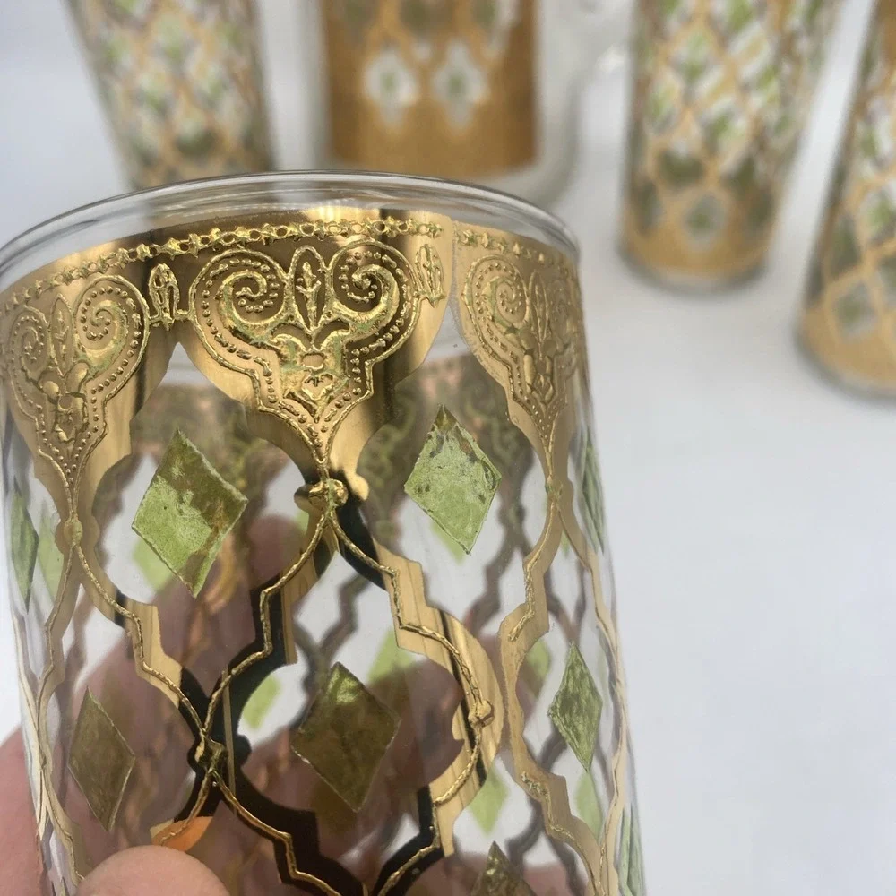 VTG MCM Culver Valencia  22k Gold Tumblers 5 Pc Glasses & Pitcher Barware Set